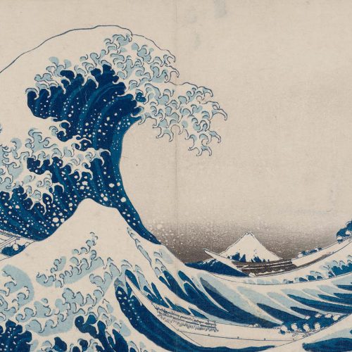 A Japanese woodcut print of a massive wave engulfing a mountain peak in the background. Artwork credit: Under the Wave off Kanagawa by Hokusai aratame Iitsu hitsu