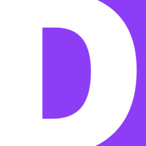 White letter D against a purple background